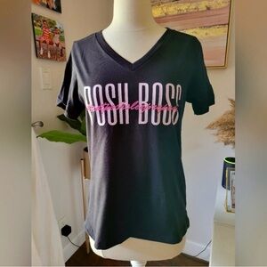 Posh Boss Short Sleeve V-Neck Tee in Black with Pink Logo